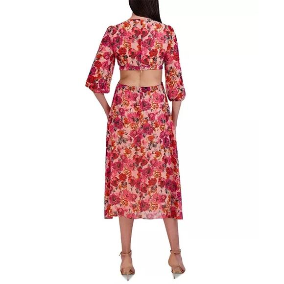 Julia Jordan Pink Floral V-Neck 3/4‎ Sleeve Cut-Out Midi Dress Size 12 NWT - Picture 5 of 14